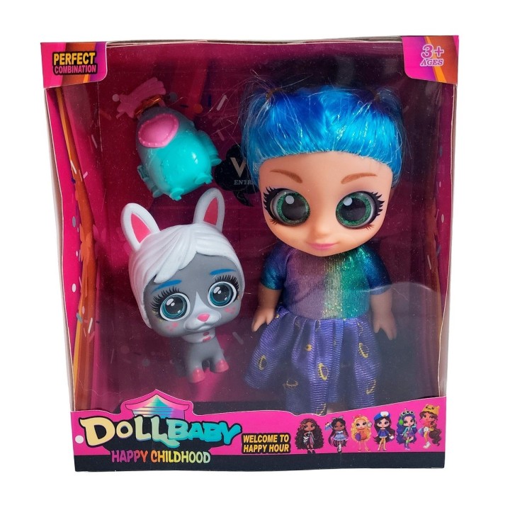 Muñeca Bebe Ojos Expresivos Con Mascota + Bolso Juguete