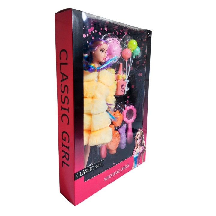 Muñeca Con Abrigo Peludo Cabello Trenzado +accesorio Juguete