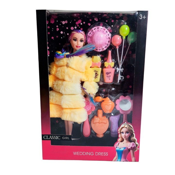 Muñeca Con Abrigo Peludo Cabello Trenzado +accesorio Juguete