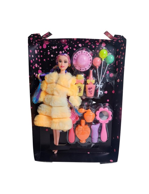 Muñeca Con Abrigo Peludo Cabello Trenzado +accesorio Juguete