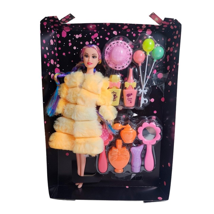Muñeca Con Abrigo Peludo Cabello Trenzado +accesorio Juguete