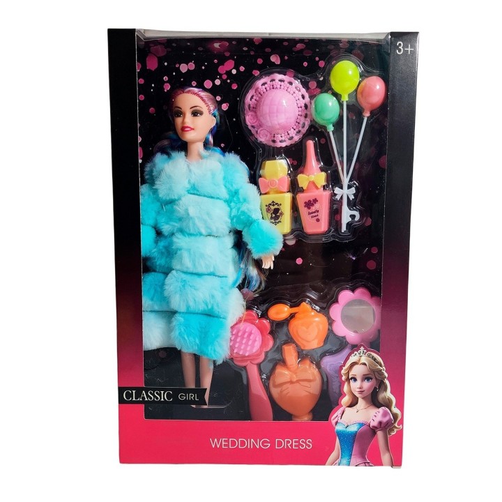 Muñeca Con Abrigo Peludo Cabello Trenzado +accesorio Juguete