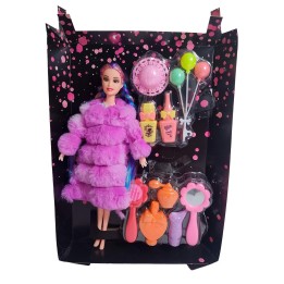 Muñeca Con Abrigo Peludo Cabello Trenzado +accesorio Juguete