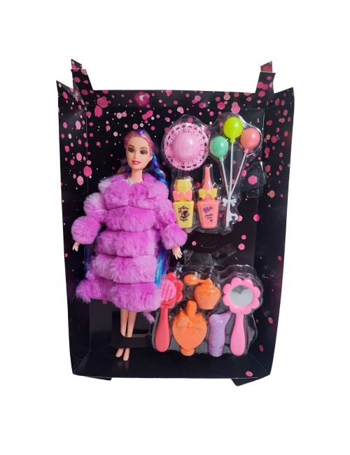 Muñeca Con Abrigo Peludo Cabello Trenzado +accesorio Juguete