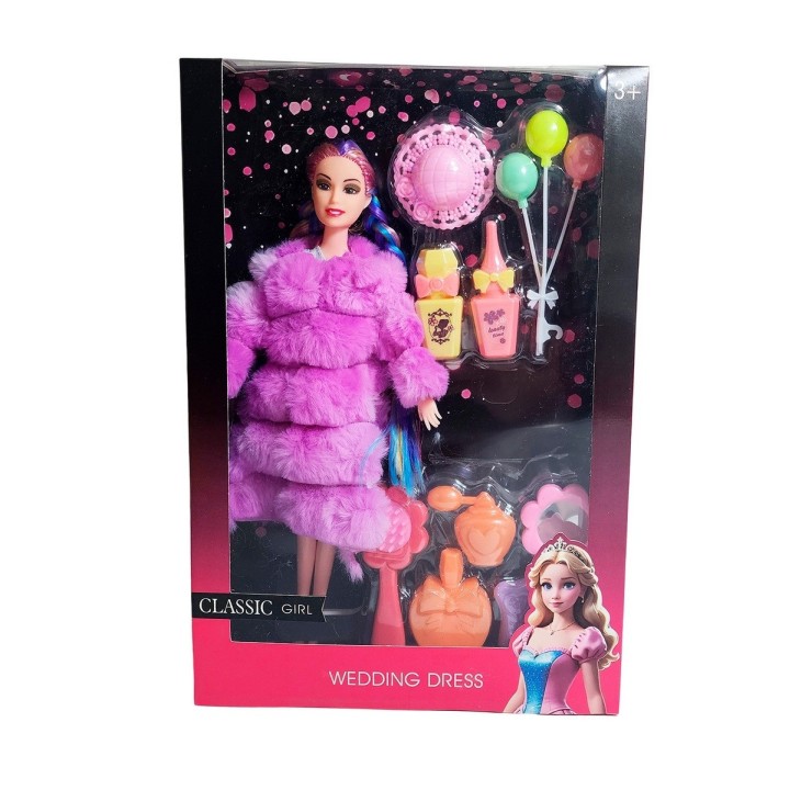 Muñeca Con Abrigo Peludo Cabello Trenzado +accesorio Juguete