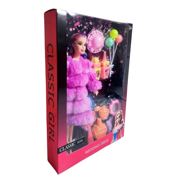 Muñeca Con Abrigo Peludo Cabello Trenzado +accesorio Juguete