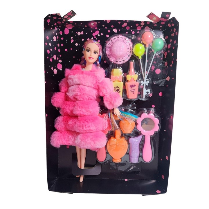 Muñeca Con Abrigo Peludo Cabello Trenzado +accesorio Juguete