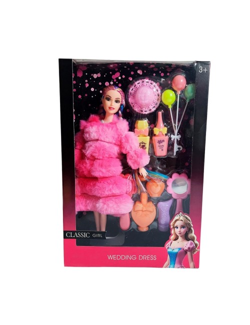 Muñeca Con Abrigo Peludo Cabello Trenzado +accesorio Juguete