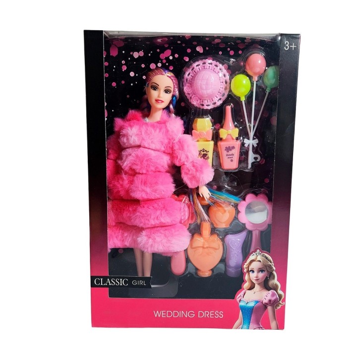 Muñeca Con Abrigo Peludo Cabello Trenzado +accesorio Juguete