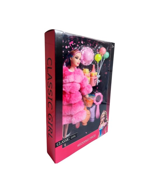 Muñeca Con Abrigo Peludo Cabello Trenzado +accesorio Juguete