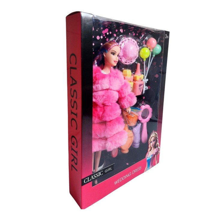 Muñeca Con Abrigo Peludo Cabello Trenzado +accesorio Juguete