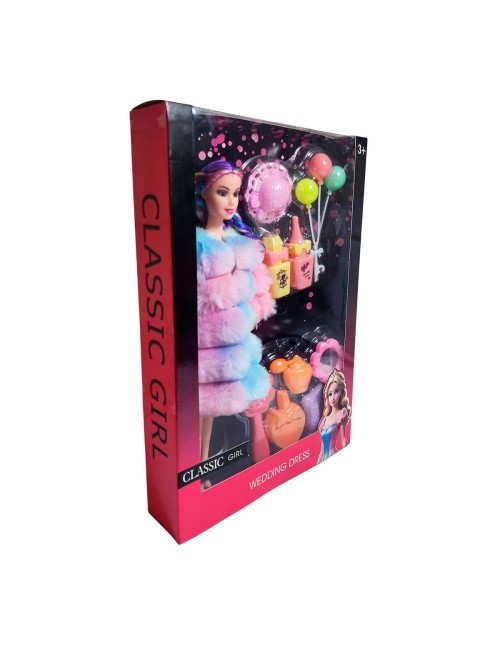 Muñeca Con Abrigo Peludo Cabello Trenzado +accesorio Juguete