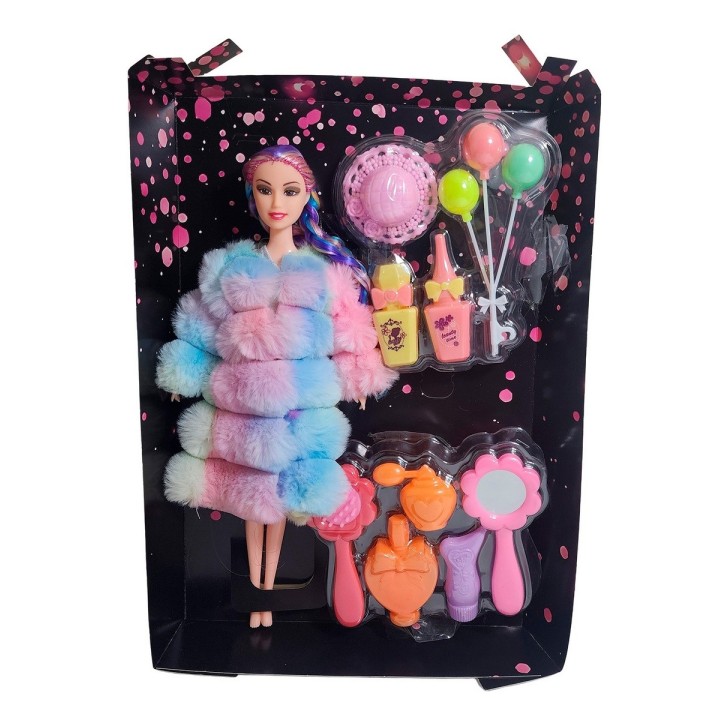 Muñeca Con Abrigo Peludo Cabello Trenzado +accesorio Juguete