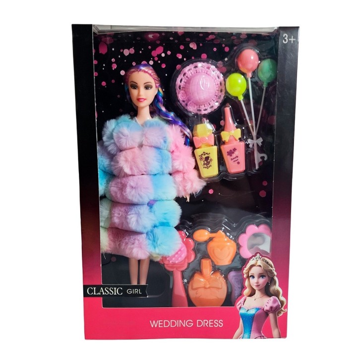 Muñeca Con Abrigo Peludo Cabello Trenzado +accesorio Juguete