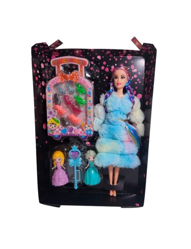 Muñeca Con Abrigo Peludo Mini Princesas + Set Zapatos