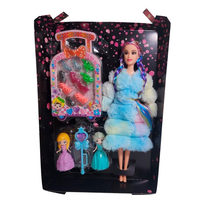 Muñeca Con Abrigo Peludo Mini Princesas + Set Zapatos