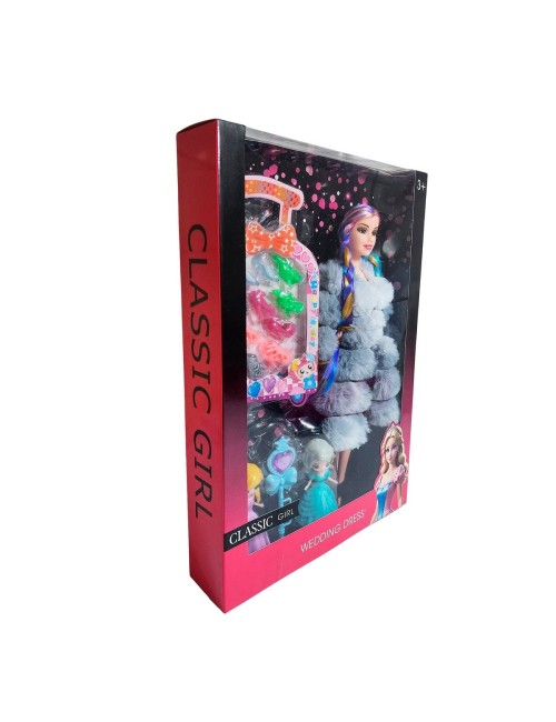 Muñeca Con Abrigo Peludo Mini Princesas + Set Zapatos