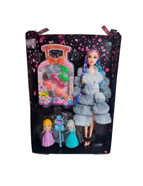 Muñeca Con Abrigo Peludo Mini Princesas + Set Zapatos