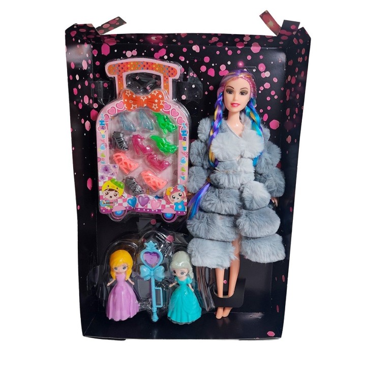 Muñeca Con Abrigo Peludo Mini Princesas + Set Zapatos