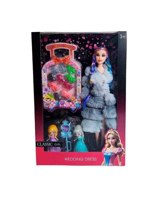 Muñeca Con Abrigo Peludo Mini Princesas + Set Zapatos