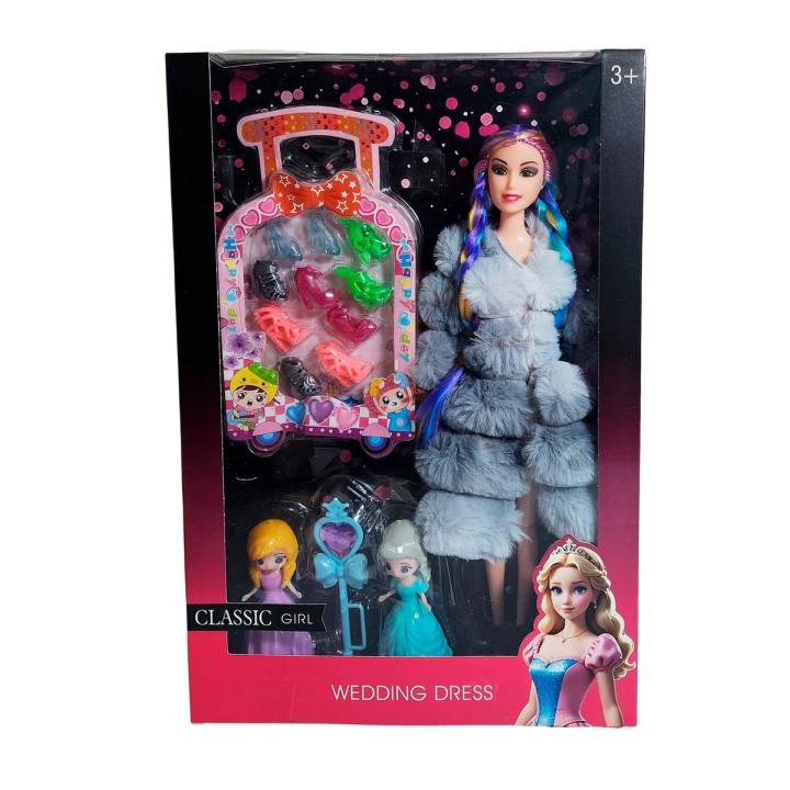 Muñeca Con Abrigo Peludo Mini Princesas + Set Zapatos