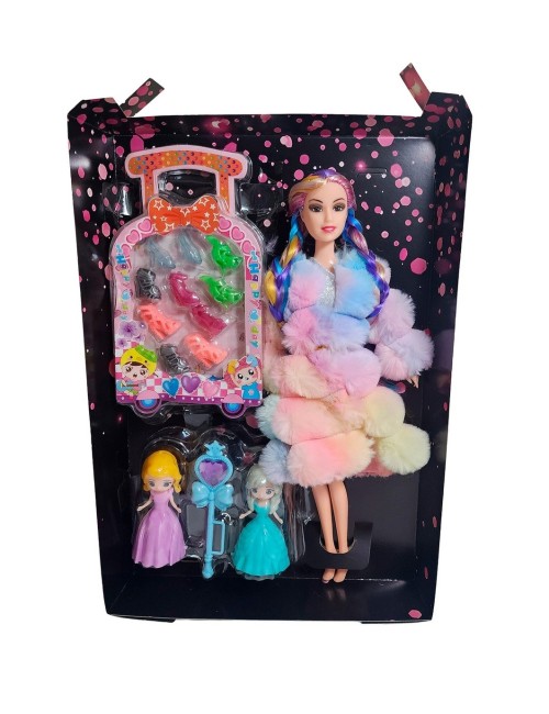 Muñeca Con Abrigo Peludo Mini Princesas + Set Zapatos