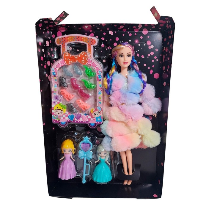 Muñeca Con Abrigo Peludo Mini Princesas + Set Zapatos
