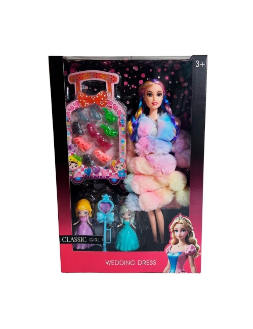 Muñeca Con Abrigo Peludo Mini Princesas + Set Zapatos