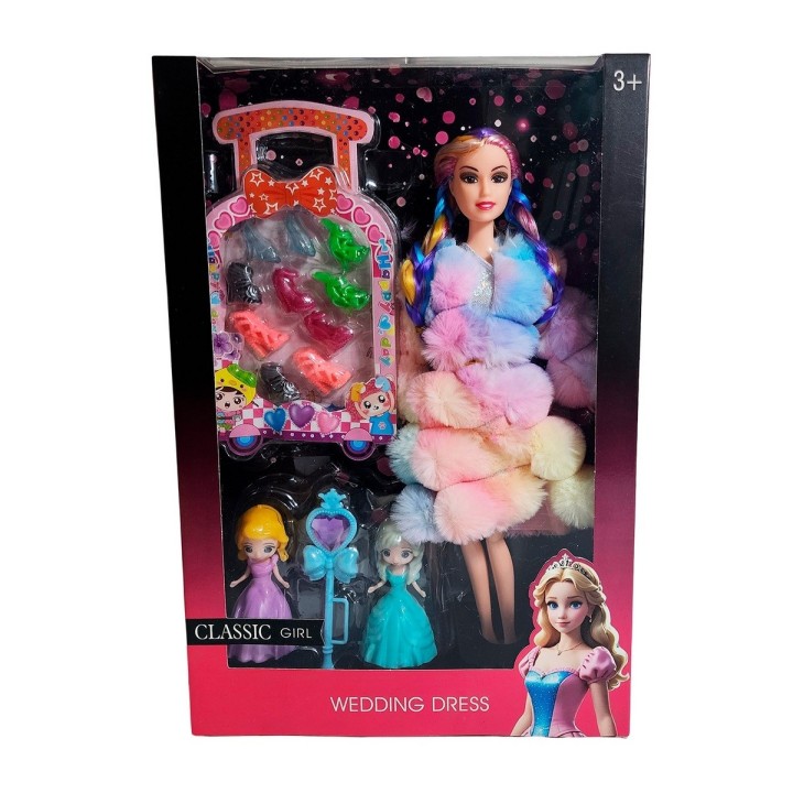 Muñeca Con Abrigo Peludo Mini Princesas + Set Zapatos