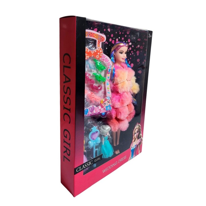 Muñeca Con Abrigo Peludo Mini Princesas + Set Zapatos