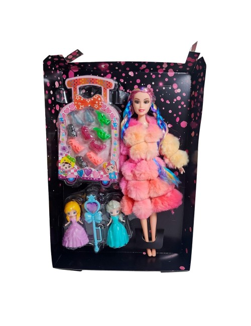 Muñeca Con Abrigo Peludo Mini Princesas + Set Zapatos