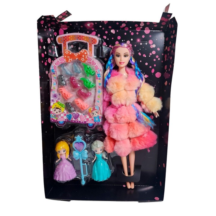 Muñeca Con Abrigo Peludo Mini Princesas + Set Zapatos