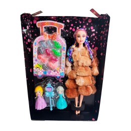 Muñeca Con Abrigo Peludo Mini Princesas + Set Zapatos