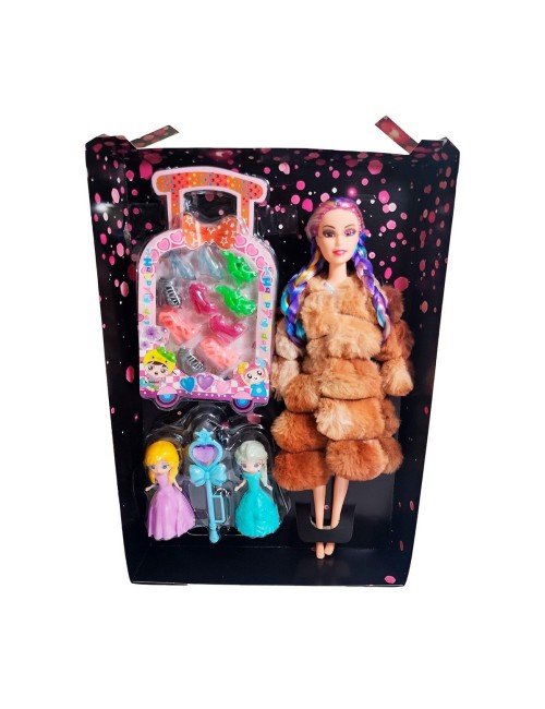 Muñeca Con Abrigo Peludo Mini Princesas + Set Zapatos