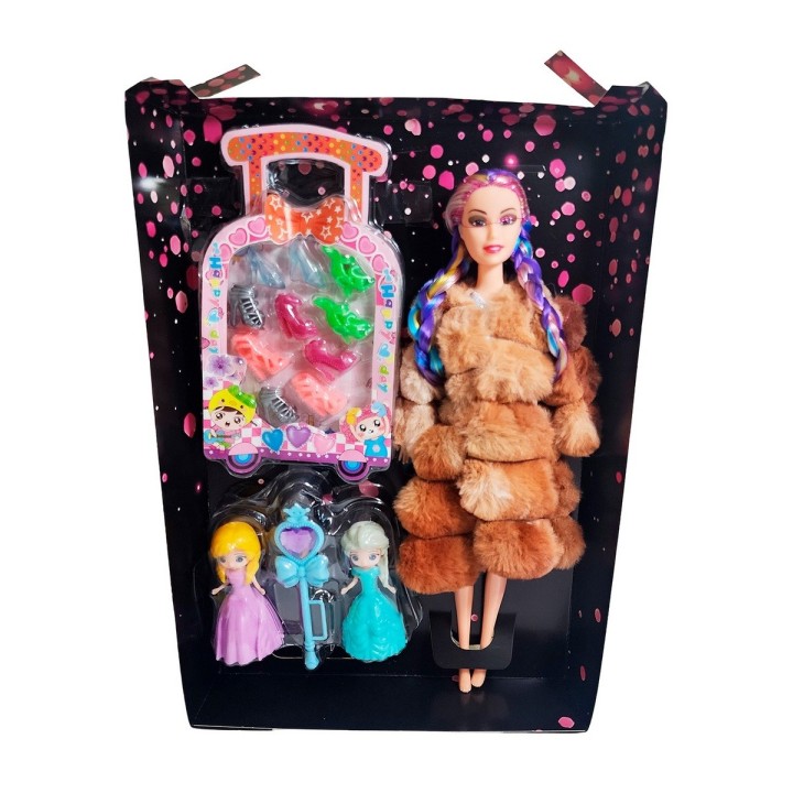 Muñeca Con Abrigo Peludo Mini Princesas + Set Zapatos