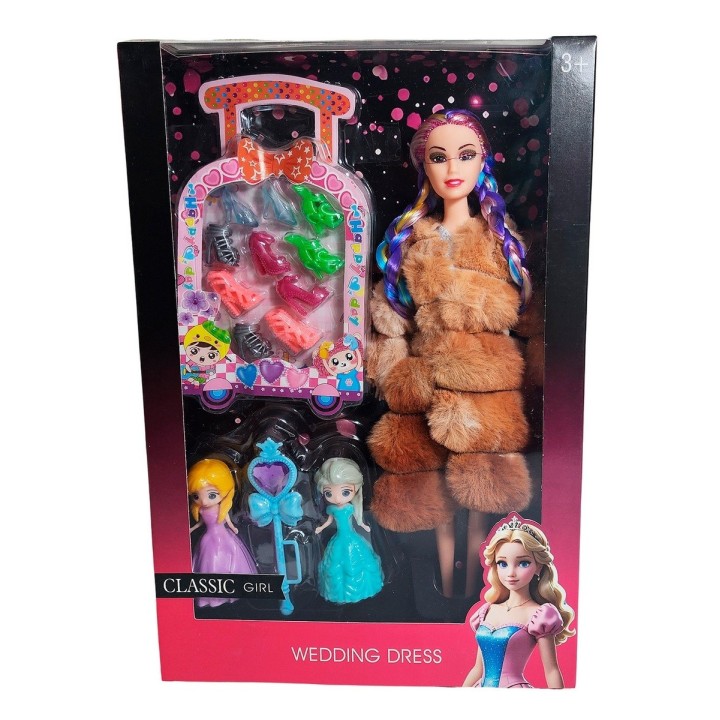Muñeca Con Abrigo Peludo Mini Princesas + Set Zapatos