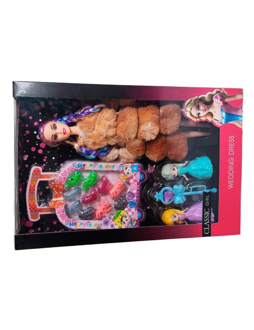 Muñeca Con Abrigo Peludo Mini Princesas + Set Zapatos