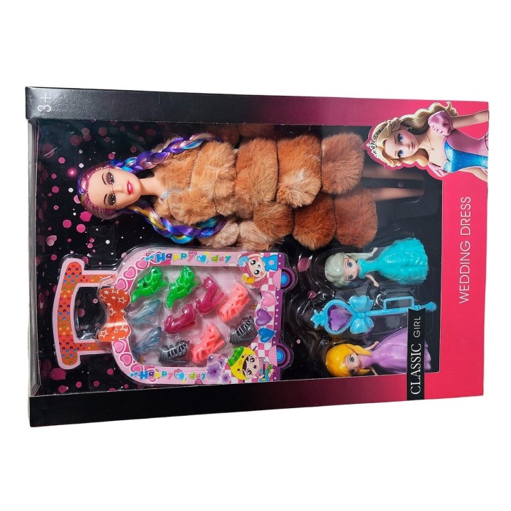 Muñeca Con Abrigo Peludo Mini Princesas + Set Zapatos