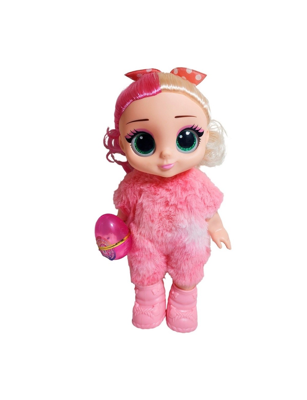 Muñeca Ojos Expresivos Vestido De Peluche + Huevo Sorpresa