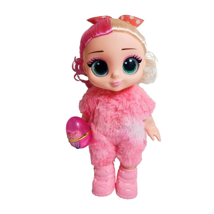 Muñeca Ojos Expresivos Vestido De Peluche + Huevo Sorpresa