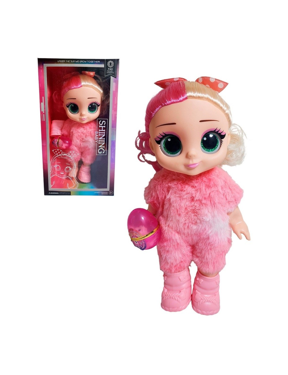 Muñeca Ojos Expresivos Vestido De Peluche + Huevo Sorpresa
