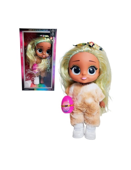 Muñeca Ojos Expresivos Vestido De Peluche + Huevo Sorpresa
