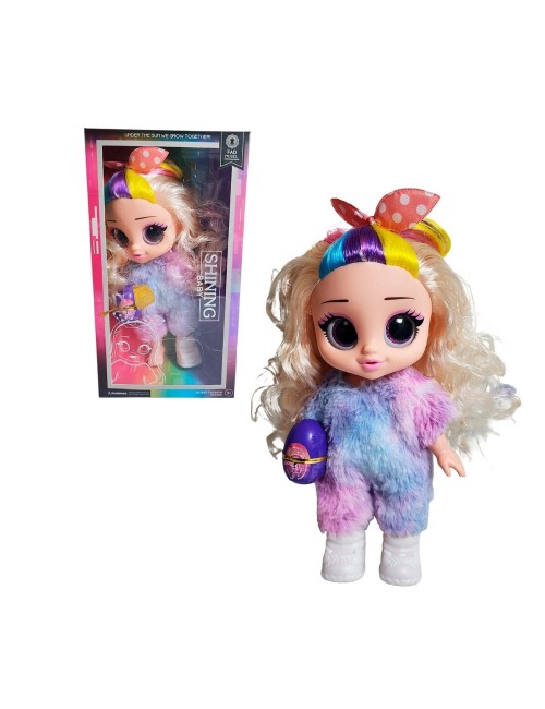 Muñeca Ojos Expresivos Vestido De Peluche + Huevo Sorpresa