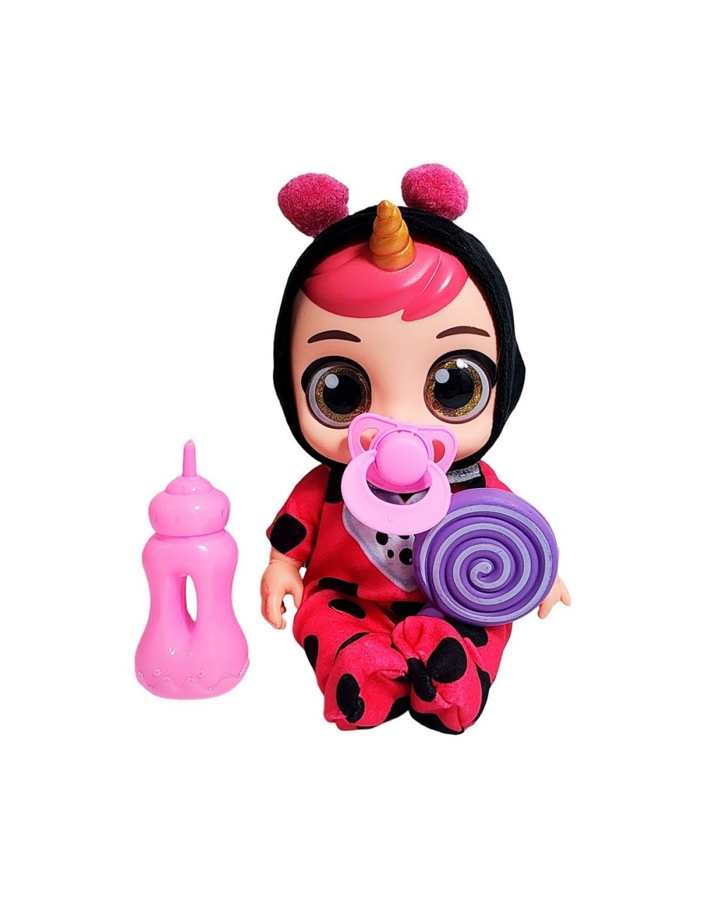 Muñeca Bebe Unicornio Con Vestido + Tetero Y Paleta
