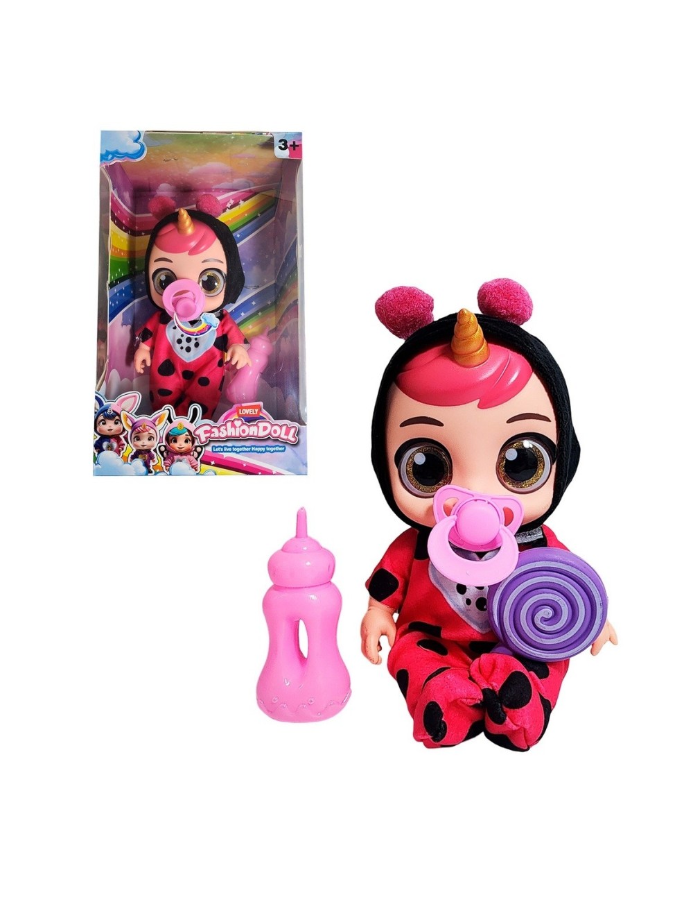 Muñeca Bebe Unicornio Con Vestido + Tetero Y Paleta