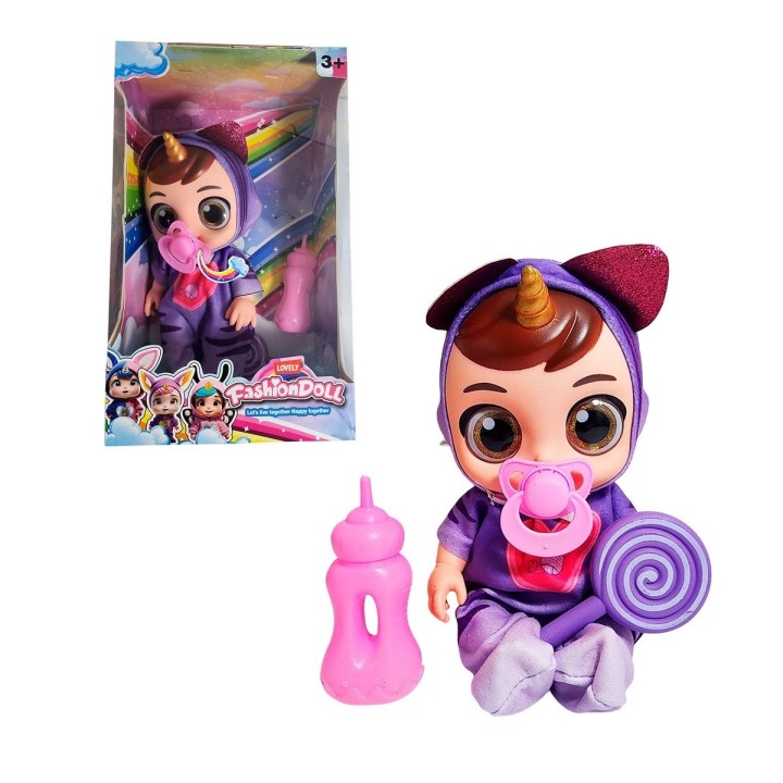Muñeca Bebe Unicornio Con Vestido + Tetero Y Paleta