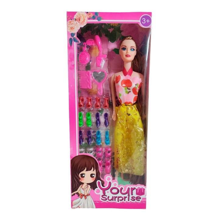 Muñeca Con Vestido Fashion + Accesorios Y Set De Zapatos