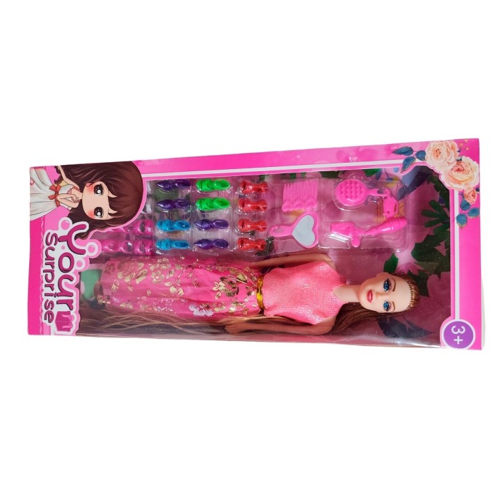 Muñeca Con Vestido Fashion + Accesorios Y Set De Zapatos