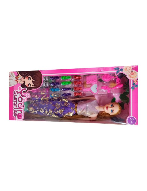 Muñeca Con Vestido Fashion + Accesorios Y Set De Zapatos