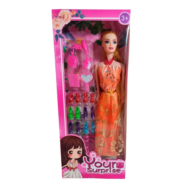 Muñeca Con Vestido Fashion + Accesorios Y Set De Zapatos